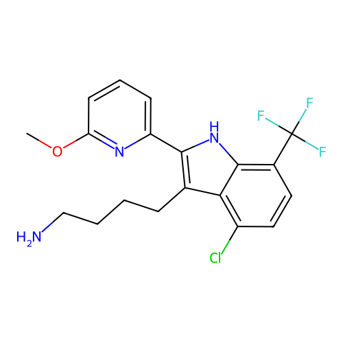 4-[4-chloro-2-(6-methoxypyridin-2-yl)-7-(trifluoromethyl)-1H-indol-3-yl]butan-1-amine structure