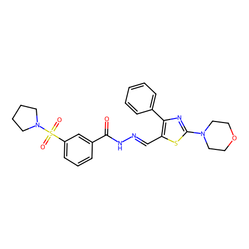 N-[(E)-(2-morpholino-4-phenyl-thiazol-5-yl)methyleneamino]-3-pyrrolidinosulfonyl-benzamide structure