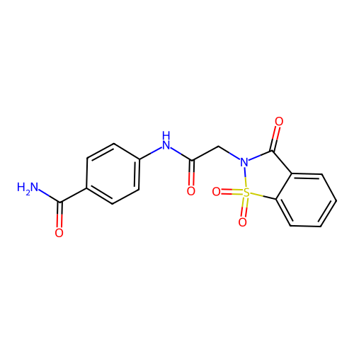 4-(2-(1,1-dioxido-3-oxobenzo[d]isothiazol-2(3H)-yl)acetamido)benzamide structure