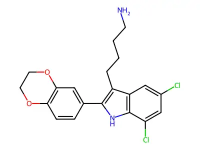 4-[5,7-dichloro-2-(2,3-dihydro-1,4-benzodioxin-6-yl)-1H-indol-3-yl]butan-1-amine structure