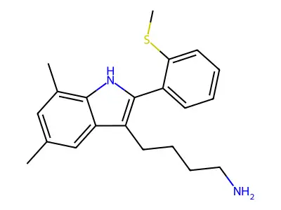 4-[5,7-dimethyl-2-(2-methylsulfanylphenyl)-1H-indol-3-yl]butan-1-amine structure