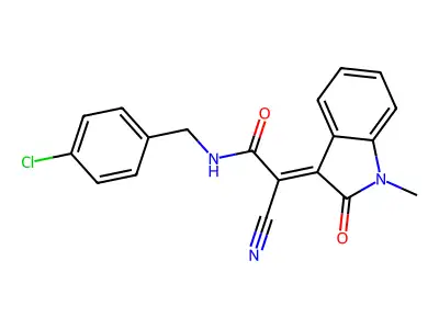 (2E)-N-[(4-chlorophenyl)methyl]-2-cyano-2-(1-methyl-2-oxoindol-3-ylidene)acetamide structure