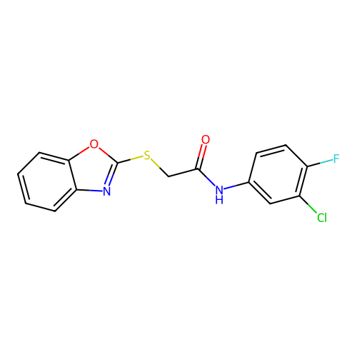 2-(1,3-benzoxazol-2-ylsulfanyl)-N-(3-chloro-4-fluorophenyl)acetamide structure