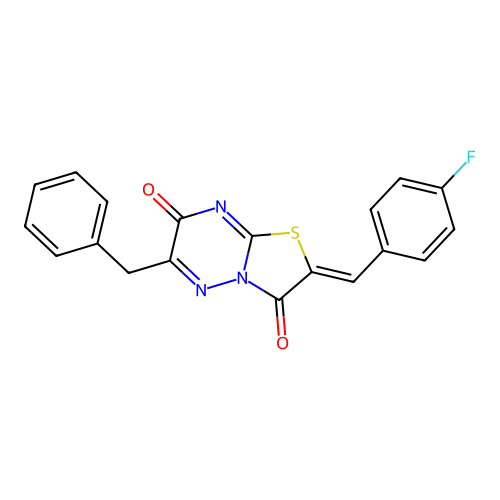(Z)-6-benzyl-2-(4-fluorobenzylidene)-2H-thiazolo[3,2-b][1,2,4]triazine-3,7-dione structure