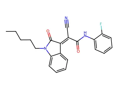 (2E)-2-cyano-N-(2-fluorophenyl)-2-(2-oxo-1-pentylindol-3-ylidene)acetamide structure