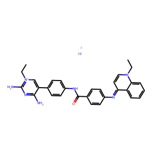 Quinolinium, 4-((4-(((4-(2,4-diamino-1-ethylpyrimidinium-5-yl)phenyl)amino)carbonyl)phenyl)amino)-1-ethyl-, diiodide structure