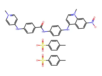 Quinolinium, 1-methyl-4-(p-((p-((1-methylpyridinium-4-yl)amino)phenyl)carbamoyl)anilino)-7-nitro-, di-p-toluenesulfonate structure