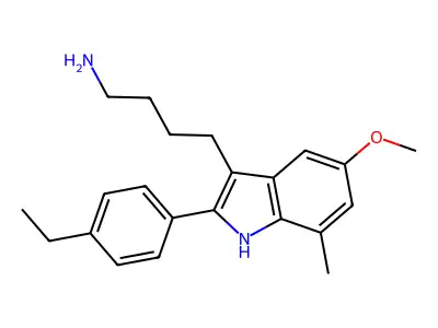4-[2-(4-ethylphenyl)-5-methoxy-7-methyl-1H-indol-3-yl]butan-1-amine structure