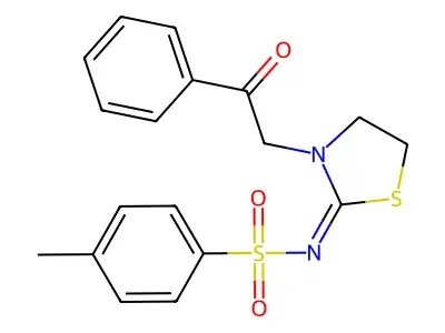 (E)-4-methyl-N-(3-(2-oxo-2-phenylethyl)thiazolidin-2-ylidene)benzenesulfonamide structure