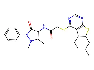 N-(1,5-dimethyl-3-oxo-2-phenylpyrazol-4-yl)-2-[(7-methyl-5,6,7,8-tetrahydro-[1]benzothiolo[2,3-d]pyrimidin-4-yl)sulfanyl]acetamide structure
