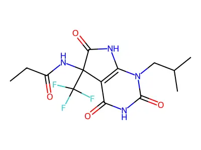 N-[1-(2-methylpropyl)-2,4,6-trioxo-5-(trifluoromethyl)-7H-pyrrolo[2,3-d]pyrimidin-5-yl]propanamide structure