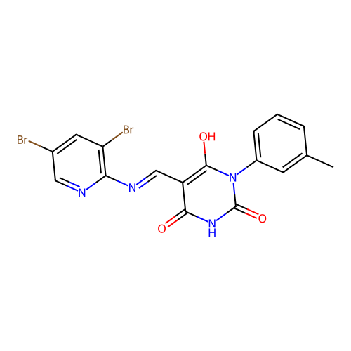 5-[(3,5-dibromo-2-pyridinyl)iminomethyl]-6-hydroxy-1-(3-methylphenyl)pyrimidine-2,4-dione structure