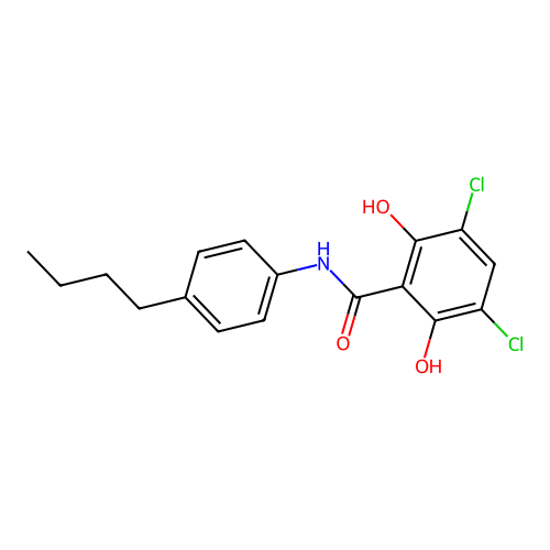N-(4-butylphenyl)-3,5-dichloro-2,6-dihydroxybenzamide structure