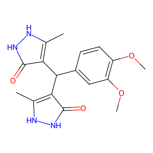 4,4'-[(3,4-dimethoxyphenyl)methanediyl]bis(3-methyl-1H-pyrazol-5-ol) structure