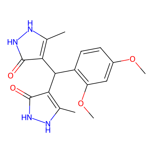 4,4'-[(2,4-dimethoxyphenyl)methanediyl]bis(3-methyl-1H-pyrazol-5-ol) structure