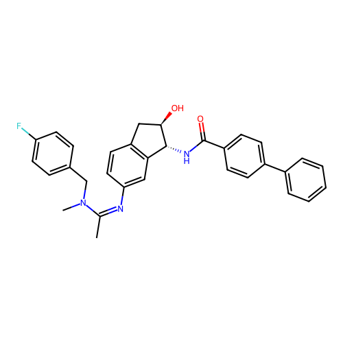 N-[(1R,2R)-6-[1-[(4-fluorophenyl)methyl-methylamino]ethylideneamino]-2-hydroxy-2,3-dihydro-1H-inden-1-yl]-4-phenylbenzamide structure
