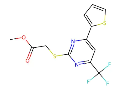Methyl 2-((4-(thiophen-2-yl)-6-(trifluoromethyl)pyrimidin-2-yl)thio)acetate structure