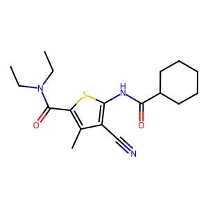 4-cyano-5-(cyclohexanecarbonylamino)-N,N-diethyl-3-methylthiophene-2-carboxamide structure