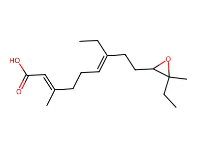 7-Ethyl-9-(3-ethyl-3-methyl-2-oxiranyl)-3-methyl-2,6-nonadienoic acid structure