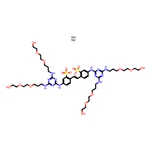 Benzenesulfonic acid, 2,2'-(1,2-ethenediyl)bis[5-[[4,6-bis[[3-[2-(2-hydroxyethoxy)ethoxy]propyl]amino]-1,3,5-triazin-2-yl]amino]-, disodium salt structure
