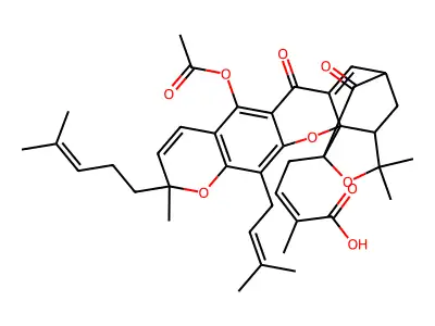 (2Z)-4-[8-(Acetyloxy)-3,3,11-trimethyl-13-(3-methylbut-2-en-1-yl)-11-(4-methylpent-3-en-1-yl)-7,15-dioxo-3a,4,5,7-tetrahydro-1H,3H,11H-1,5-methanofuro[3,4-g]pyrano[3,2-b]xanthen-1-yl]-2-methylbut-2-enoic acid structure