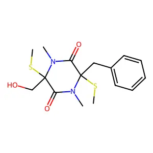 2-Benzyl-1,4-dimethyl-5-hydroxymethyl 2,5-bis(methylthio)-3,6-diketopiperazine structure
