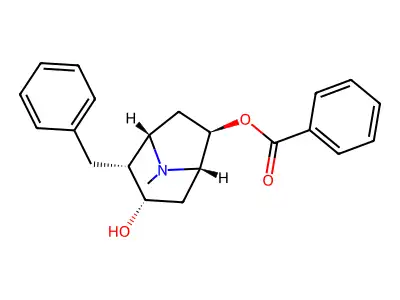 8-Azabicyclo[3.2.1]octane-3,6-diol, 8-methyl-2-(phenylmethyl)-, 6-benzoate structure