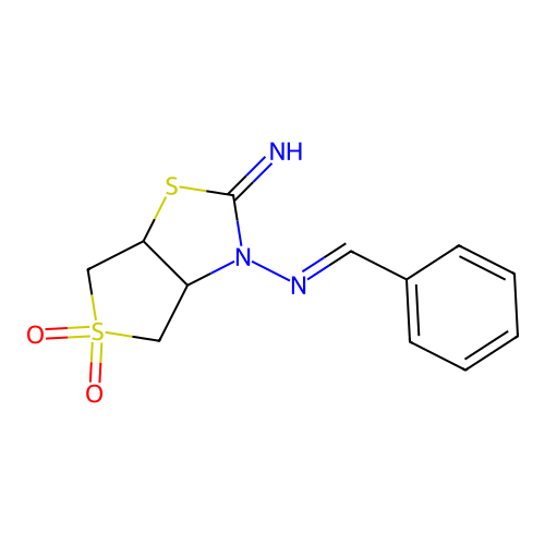 (E)-3-(benzylideneamino)-2-iminohexahydrothieno[3,4-d]thiazole 5,5-dioxide structure