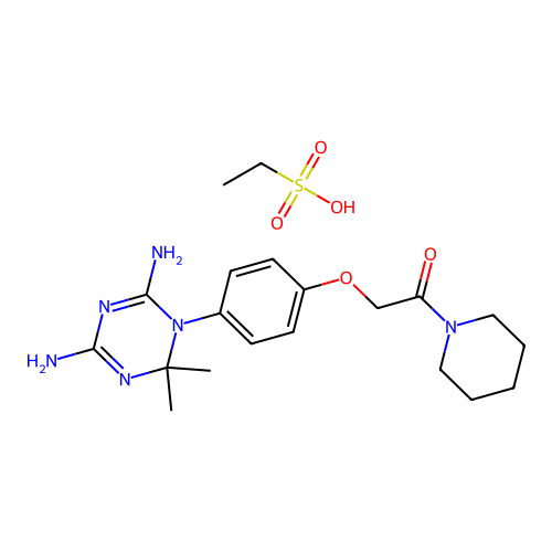 ethanesulfonic acid- 2-[4-(4,6-diamino-2,2-dimethyl-1,3,5-triazin-1(2h)-yl)phenoxy]-1-(piperidin-1-yl)ethanone(1:1) structure