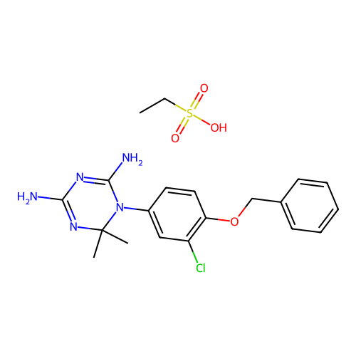 ethanesulfonic acid- 1-[4-(benzyloxy)-3-chlorophenyl]-6,6-dimethyl-1,6-dihydro-1,3,5-triazine-2,4-diamine(1:1) structure