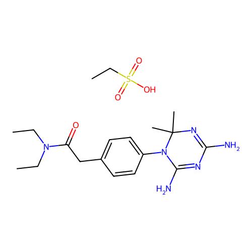 ethanesulfonic acid- 2-[4-(4,6-diamino-2,2-dimethyl-1,3,5-triazin-1(2h)-yl)phenyl]-n,n-diethylacetamide(1:1) structure