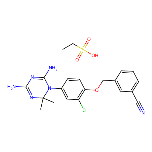 ethanesulfonic acid- 3-{[2-chloro-4-(4,6-diamino-2,2-dimethyl-1,3,5-triazin-1(2h)-yl)phenoxy]methyl}benzonitrile(1:1) structure