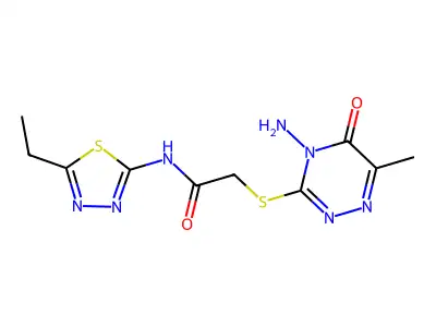 2-[(4-amino-6-methyl-5-oxo-1,2,4-triazin-3-yl)sulfanyl]-N-(5-ethyl-1,3,4-thiadiazol-2-yl)acetamide structure