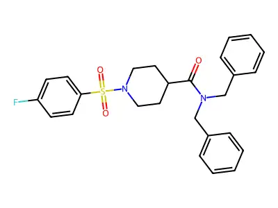 N,N-dibenzyl-1-(4-fluorophenyl)sulfonylpiperidine-4-carboxamide structure