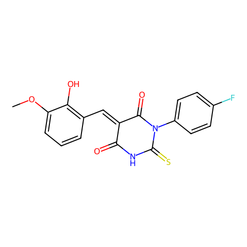 1-(4-fluorophenyl)-5-[(2-hydroxy-3-methoxyphenyl)methylidene]-2-sulfanylidene-1,3-diazinane-4,6-dione structure