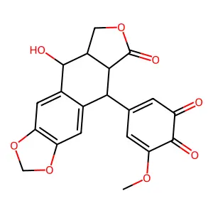 3,5-Cyclohexadiene-1,2-dione, 5-(5,5a,6,8,8a,9-hexahydro-9-hydroxy-6-oxofuro(3',4':6,7)naphtho(2,3-d)-1,3-dioxol-5-yl)-3-methoxy-, (5R-(5alpha,5abeta,8aalpha,9alpha))- structure