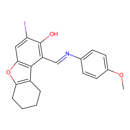 (1E)-3-iodo-1-[(4-methoxyanilino)methylidene]-6,7,8,9-tetrahydrodibenzofuran-2-one structure