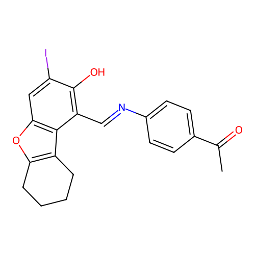 1-(4-{[(E)-(2-hydroxy-3-iodo-6,7,8,9-tetrahydrodibenzo[b,d]furan-1-yl)methylidene]amino}phenyl)ethanone structure