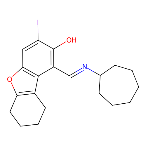 4-Cycloheptyliminomethyl-5-hydroxy-6-iodo-2,3-tetramethylenebenzo[b]furan structure