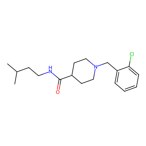 1-(2-chlorobenzyl)-N-(3-methylbutyl)piperidine-4-carboxamide structure