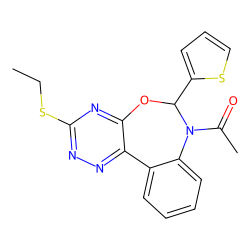 1-(3-ethylsulfanyl-6-thiophen-2-yl-6H-[1,2,4]triazino[5,6-d][3,1]benzoxazepin-7-yl)ethanone structure