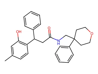 3-(2-hydroxy-4-methylphenyl)-3-phenyl-N-[(4-phenyloxan-4-yl)methyl]propanamide structure