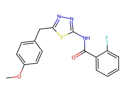 2-fluoro-N-[5-(4-methoxybenzyl)-1,3,4-thiadiazol-2-yl]benzamide structure