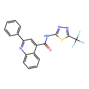 2-phenyl-N-[5-(trifluoromethyl)-1,3,4-thiadiazol-2-yl]quinoline-4-carboxamide structure