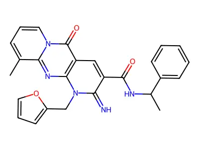 7-[(furan-2-yl)methyl]-6-imino-11-methyl-2-oxo-N-(1-phenylethyl)-1,7,9-triazatricyclo[8.4.0.0^{3,8}]tetradeca-3(8),4,9,11,13-pentaene-5-carboxamide structure