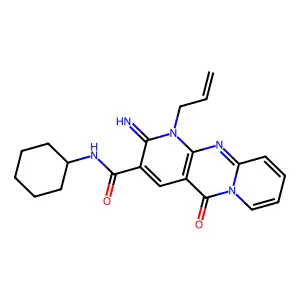 1-allyl-N-cyclohexyl-2-imino-5-oxo-2,5-dihydro-1H-dipyrido[1,2-a:2',3'-d]pyrimidine-3-carboxamide structure