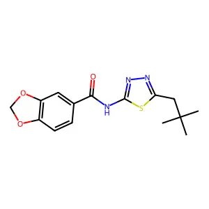 N-[5-(2,2-dimethylpropyl)-1,3,4-thiadiazol-2-yl]-1,3-benzodioxole-5-carboxamide structure
