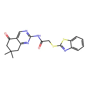 2-(1,3-benzothiazol-2-ylsulfanyl)-N-(7,7-dimethyl-5-oxo-5,6,7,8-tetrahydroquinazolin-2-yl)acetamide structure