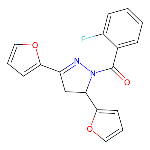 (3,5-di(furan-2-yl)-4,5-dihydro-1H-pyrazol-1-yl)(2-fluorophenyl)methanone structure