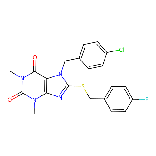 7-(4-chlorobenzyl)-8-((4-fluorobenzyl)thio)-1,3-dimethyl-1H-purine-2,6(3H,7H)-dione structure